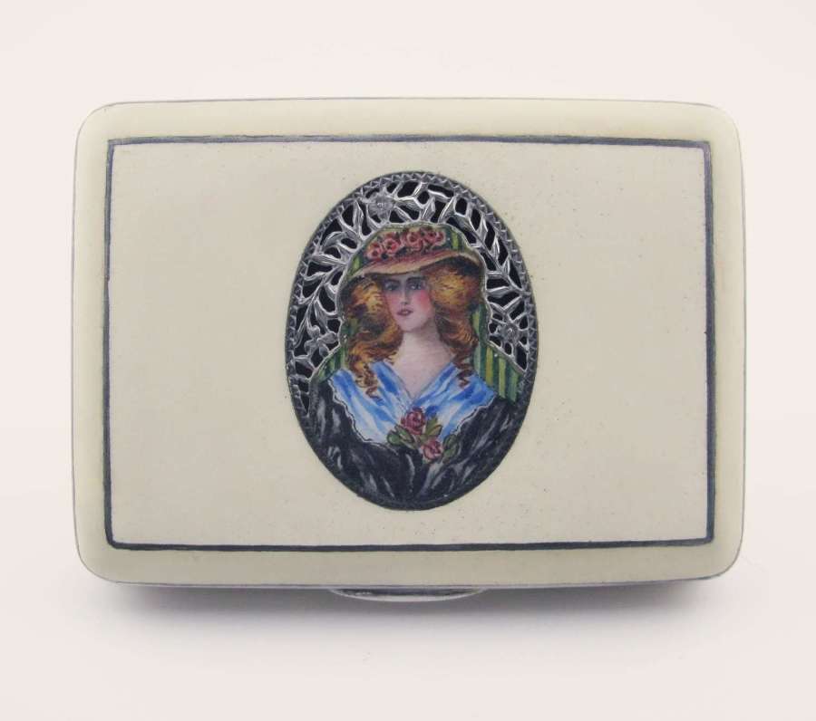Early 20th century pomander/vinaigrette box,sterling silver, cream hardstone, and enamel