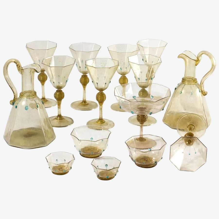 15 piece C.1925 Venetian Murano Aventurine Octagonal Wine Set