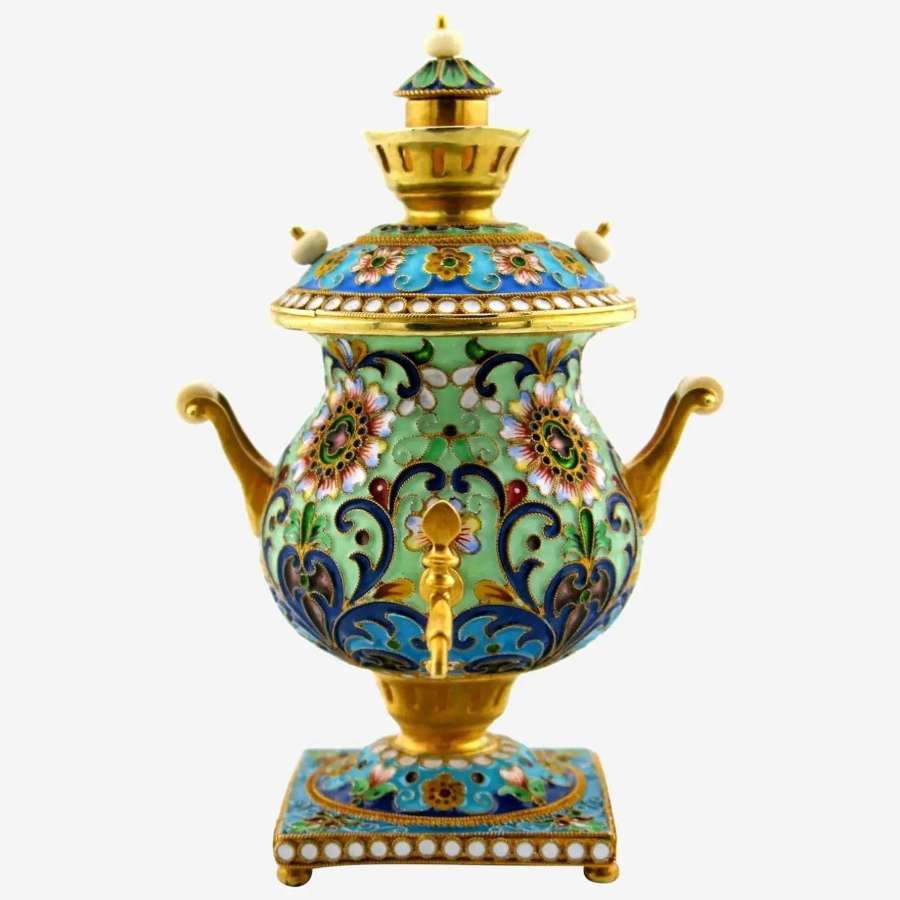 A silver-gilt and champleve enamel model of a samovar