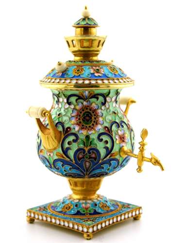A silver-gilt and champleve enamel model of a samovar