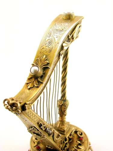 19th century Austrian gem-set silver-gilt model of a harp