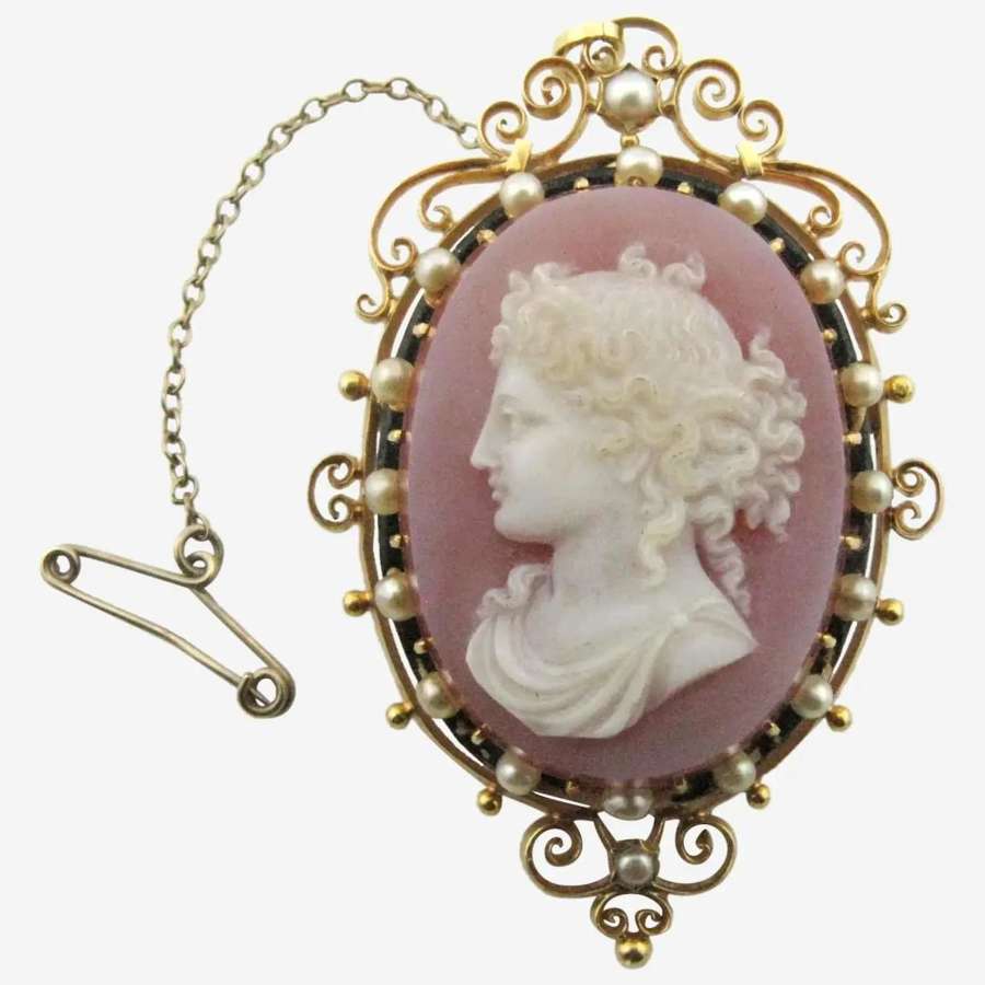 A carnelian cameo 18ct brooch / pendant of a classical lady
