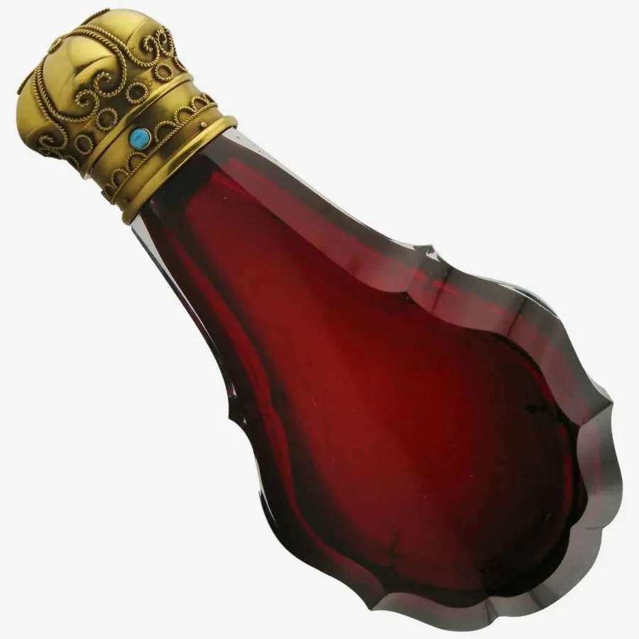 Antique 22ct gold mounted cased ruby cut glass scent bottle
