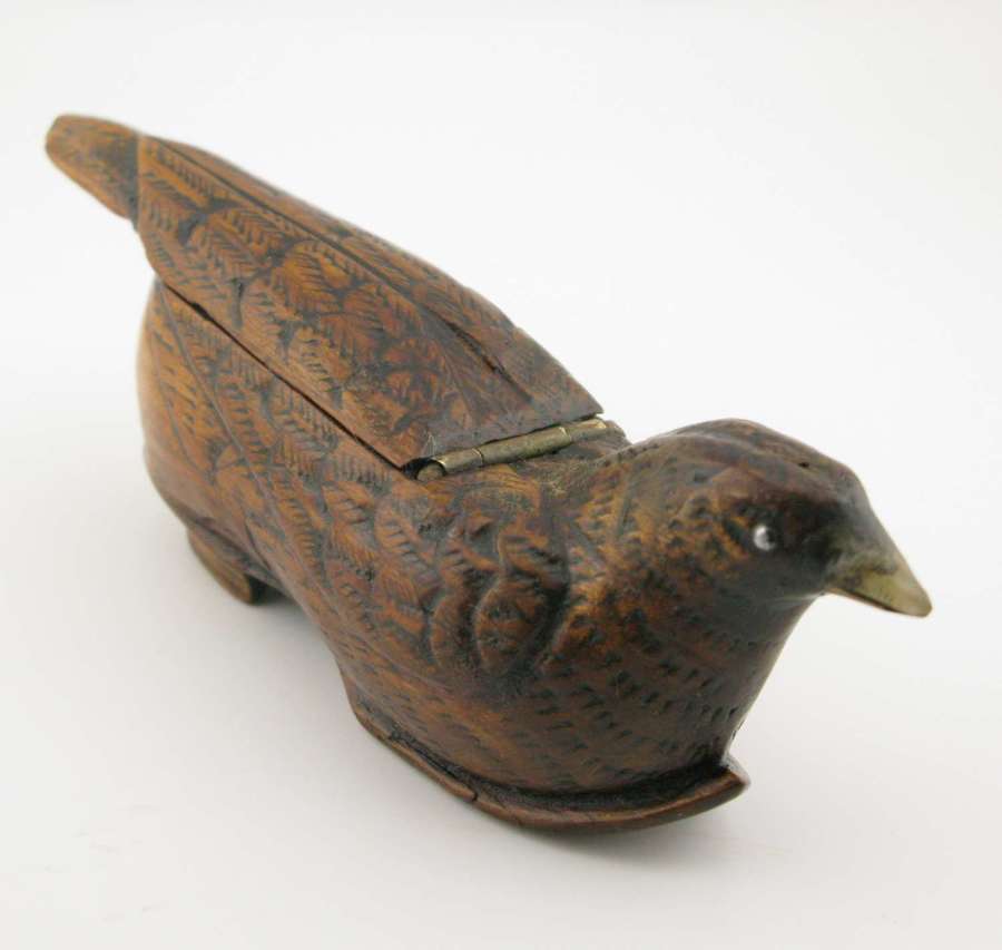A rare antique Georgian fruitwood snuff box carved as a bird in a shoe