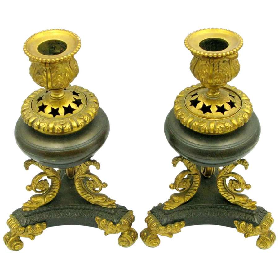Pr Georgian bronze ormolu perfume burner censer candlesticks c1830