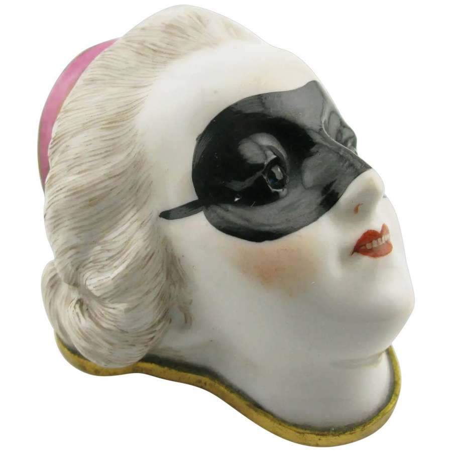 Novelty 19th century porcelain bonbonniere or patch box of masked lady