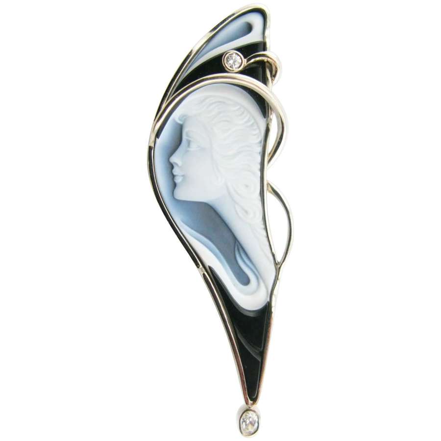 Catherine Best 18k white gold diamond blue agate cameo brooch pendant