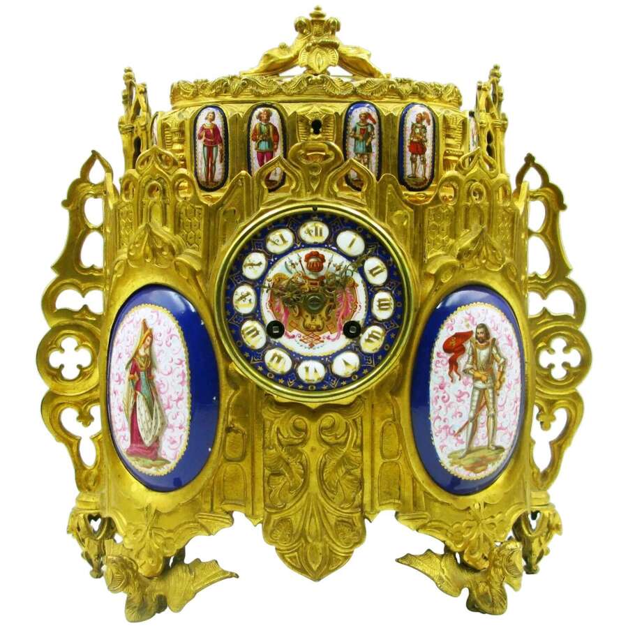 19th-century French medieval-romantic ormolu mantel clock/jewelry casket