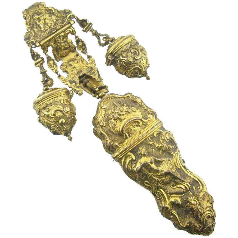 18th century gilt metal chatelaine with etui and thimble holders