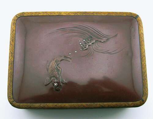 Taisho period Japanese woven bamboo box with shibuichi top signed Gyokko