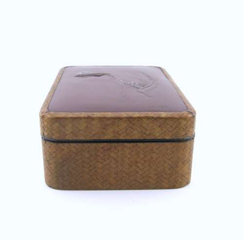 Taisho period Japanese woven bamboo box with shibuichi top signed Gyokko