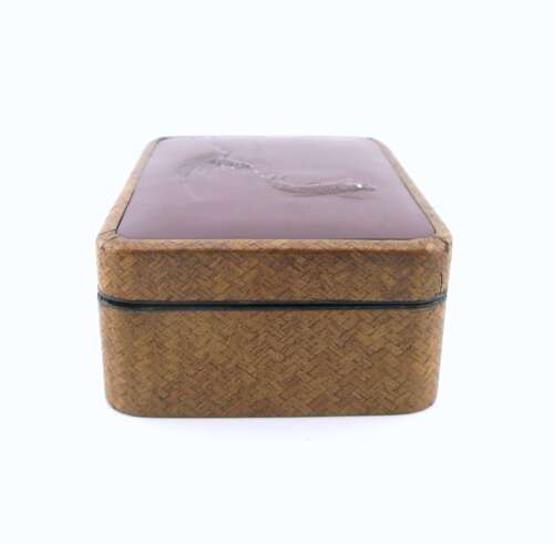 Taisho period Japanese woven bamboo box with shibuichi top signed Gyokko
