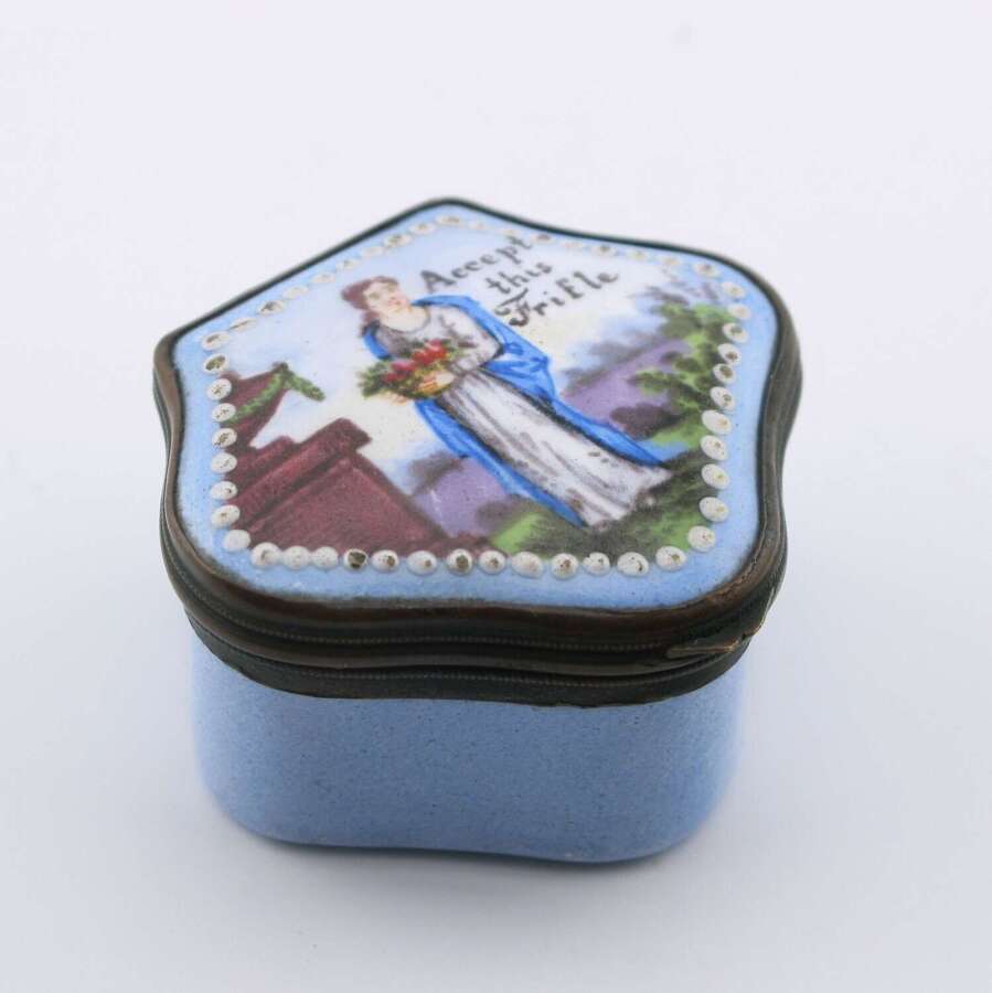 19th-century French enamel snuff/pill box, inscribed &ldquo;Accept this Trifle&rdquo;