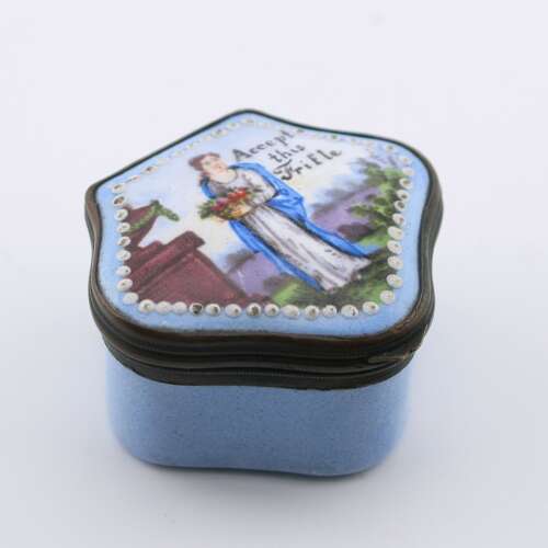 19th-century French enamel snuff/pill box, inscribed “Accept this Trifle”