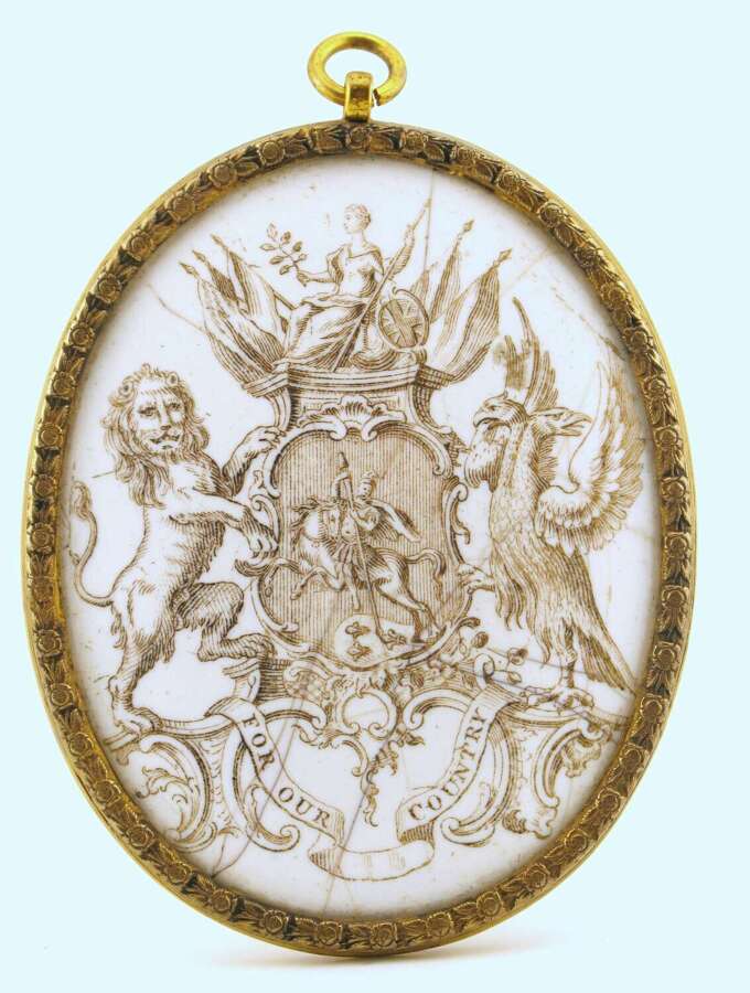 Rare 18th-century English Battersea enamel Anti-Gallican Society badge/plaque, book piece