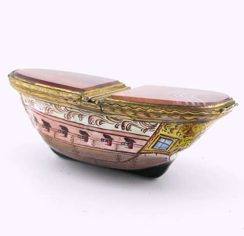 Rare 18th-century South Staffordshire Bilston enamel agate double snuff box ship