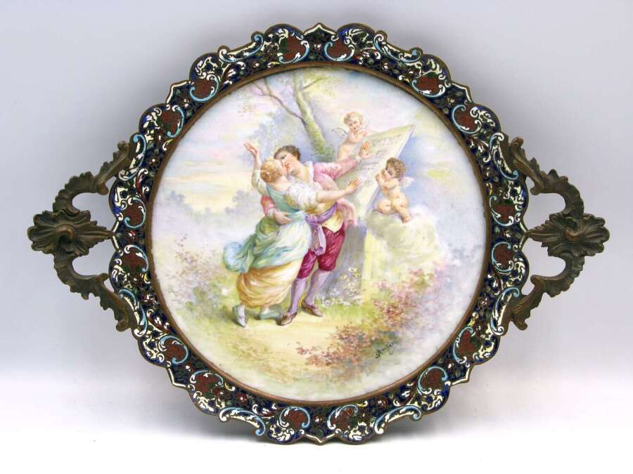 19th-century porcelain, bronze, and champleve enamel tray C. Rochette