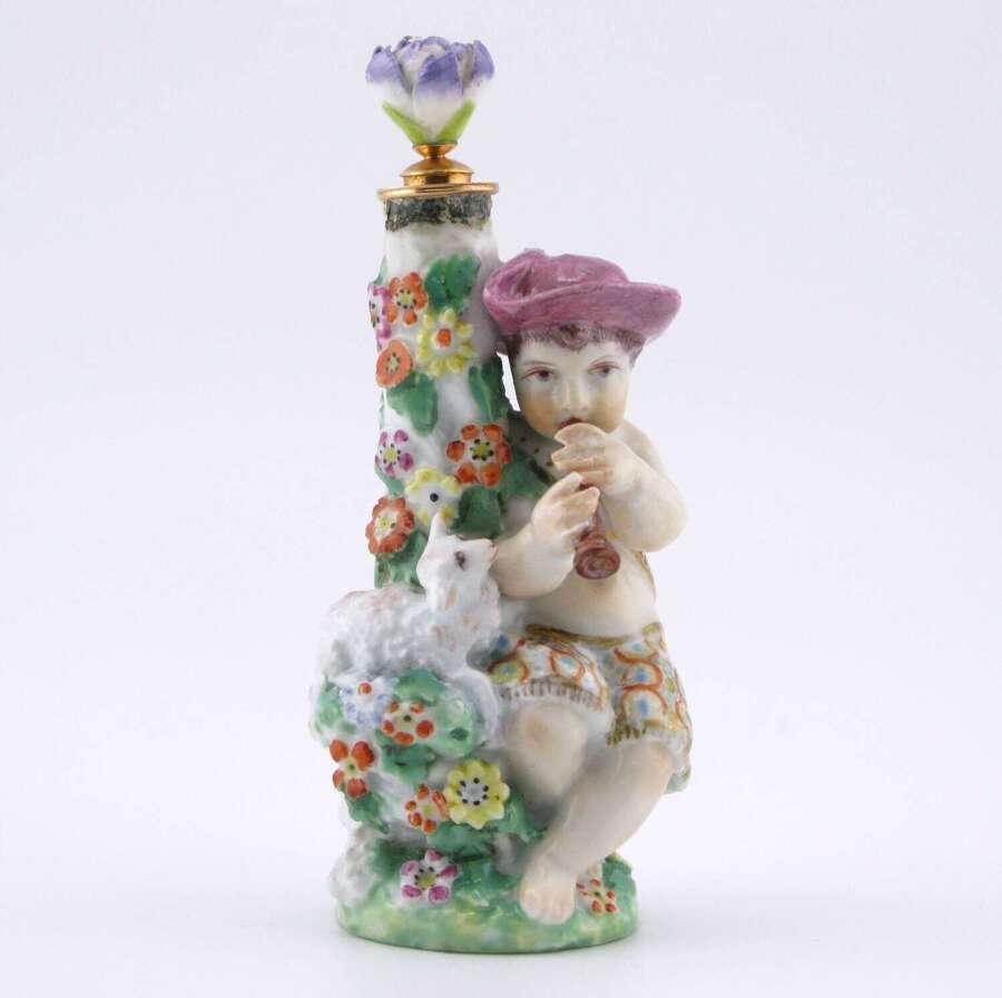 Chelsea porcelain figural scent bottle, 18th-century, circa 1768