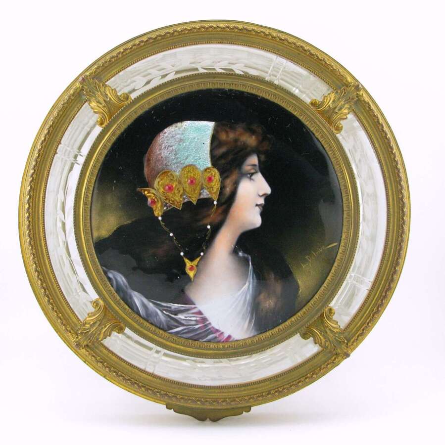 Lucien Delrive Limoges enamel portrait cut etched glass and ormolu lidded box