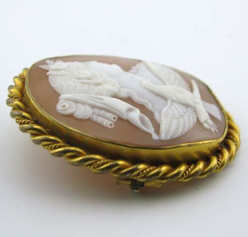 Large 19th-century shell cameo brooch allegory of day