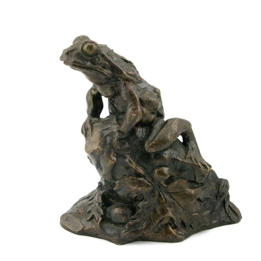 Antique Bronze Sculpture of a Frog on a Rock, signed