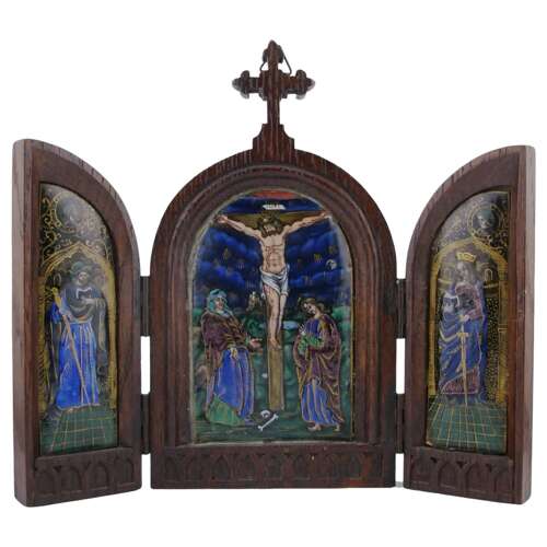 Limoges Enamel Plaque Tryptich Crucifixion 19th Century