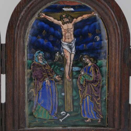 Limoges Enamel Plaque Tryptich Crucifixion 19th Century